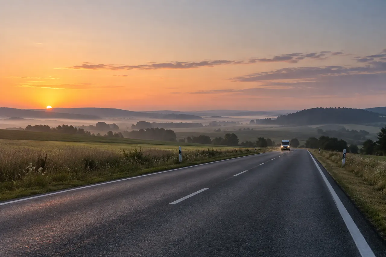 Carretera despejada al amanecer y una furgoneta a lo lejos con los faros encendidos.